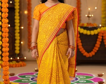 Girl handmade printed cotton soft saree and blouse size 26 ( 3-6years)