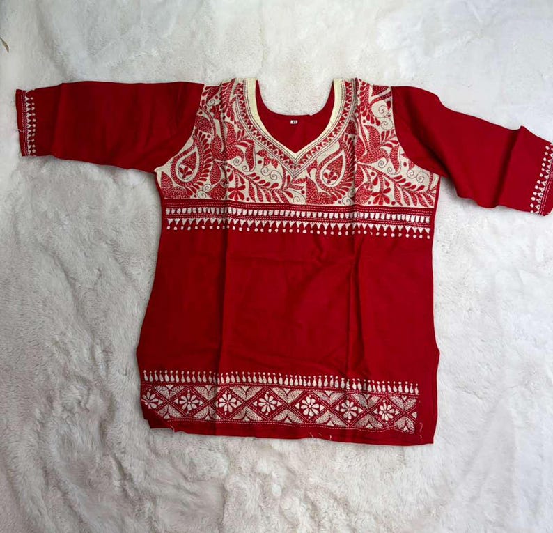 Hand Embroidered Kantha Stitch Cotton short Kurti Size 40-46 image 12