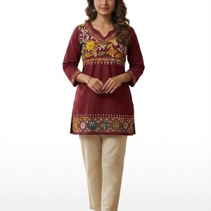 Hand Embroidered Kantha Stitch Cotton short Kurti Size 40-46 image 2