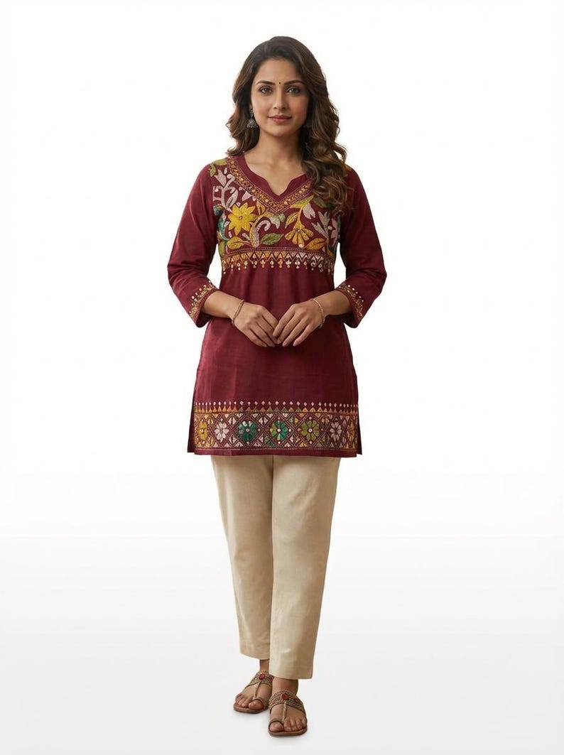 Hand Embroidered Kantha Stitch Cotton short Kurti Size 40-46 image 2