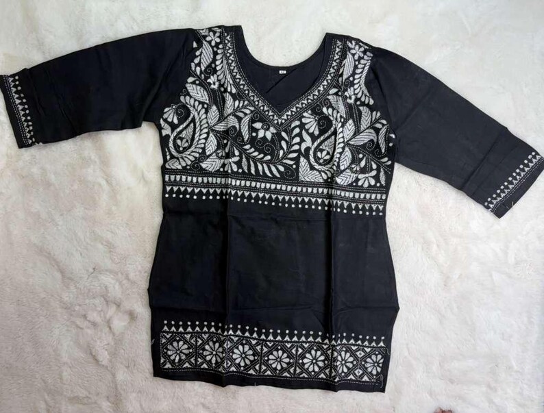Hand Embroidered Kantha Stitch Cotton short Kurti Size 40-46 image 10