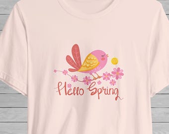 Spring Bird Unisex Tee, Cherry Blossom Graphic Shirt, Hello Spring Tshirt, Nature Lover Gift, Floral Springtime Top