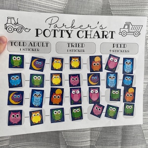 Puede incluir: Un gráfico de entrenamiento para ir al baño blanco con el nombre "Parker's" y el título "Potty Chart". El gráfico tiene tres secciones: "Told Adult", "Tried" y "Peed". Cada sección tiene una serie de pegatinas con búhos.
