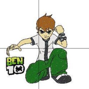 Op de afbeelding: Een cartoonillustratie van Ben 10, een jongen die een wit shirt met een zwarte streep en een groene broek draagt, met zijn kenmerkende horloge om zijn pols. De tekst "BEN 10" staat onder hem met een groen buitenaards symbool.
