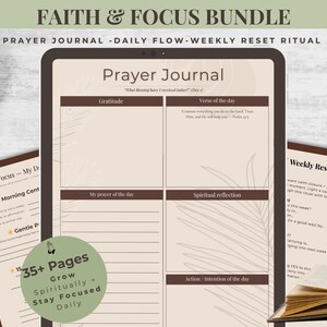 Könnte beinhalten: Ein Faith & Focus Bundle mit einem Gebetstagebuch, täglichem Flow und wöchentlichem Reset-Ritual. Das Journal enthält Abschnitte für Dankbarkeit, Tagesvers, Gebet und Reflexion. Das Bundle umfasst 35+ Seiten, um spirituell zu wachsen und sich täglich zu konzentrieren.