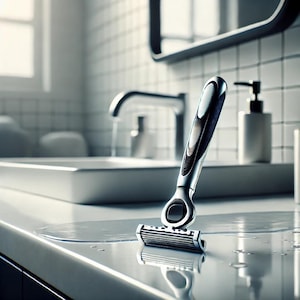 May include: A silver and black razor with a five-blade shaving head sits on a white countertop in a bathroom.