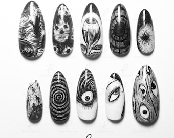 JUNJI ITO Ito Tomie – Uñas postizas pintadas a mano, set de arte de terror monocromático