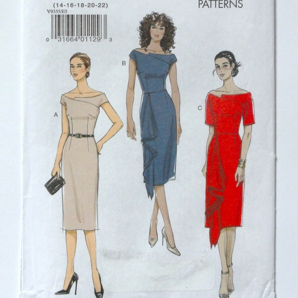 Uncut Vogue 9355, Fitted Dress, Off Shoulder Bodice, Asymmetrical Front Yoke, Opt Drape, Sewing Pattern, size 14 16 18 20 22, bust 36 to 44