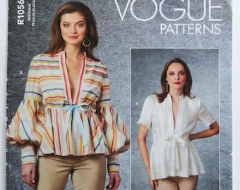 Uncut Vogue 10564, Pullover Top, Loose-fitting, Stand Up Collar, Lined Yokes, Sleeve Variations, Misses Pattern size 16 to 24, bust 38 to 46