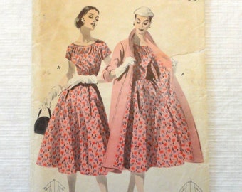 Cut Butterick 7647 Dress Scoop Neck, Cap Sleeves, Full Skirt, Flared Coat, Stand Up Collar, Original 1950's Vintage Pattern, size 12 bust 30