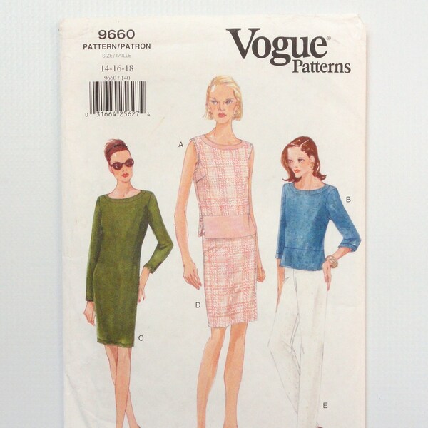 Uncut Vogue 9660 Pullover Dress, Sleeves or not Lined Top, Straight Skirt & Very Tapered Pants, Vtg 1990's Pattern sz 14 16 18 bust 36 38 40