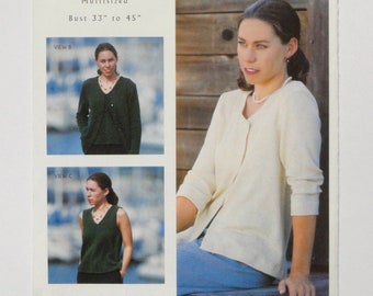 UNCUT Loes Hinse Design 5201, Button Front Sweater 3/4 Length Sleeves & V-neck Shell, Knits Only, Vintage Pattern  XXS to XXL, bust 33 to 45