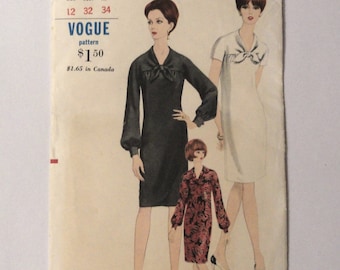 Cut Vogue 6848 Slim Dress, Draped Yoke with Tie, Kimono Sleeve Variations, Partially lined, 1960's Vintage, Misses' Pattern, size 12 bust 34