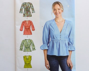 Uncut Simplicity 9748 V-Neck Top, Optional Ties for Empire Waist Blouse, Sleeve Variations, Pattern size 16 18 20 22 24 waist 30 32 34 37 39