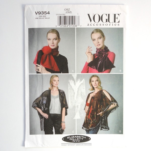 Uncut Vogue 9354, Kimono Shrug, Neck Scarves, Misses Woman's Velvet Fashion Accessories, Designer Elizabeth Gillett Sewing Pattern, One Size