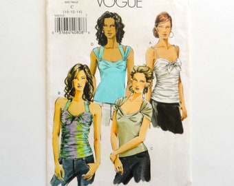 Uncut Vogue 8251, Pullover Top, Neckline & Strap Variations, Ties Ruching, Tucks Front Band, Knits Only Pattern size 10 12 14 bust 32 34 36
