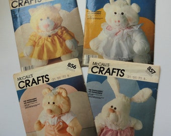 4 Puffalumps Patterns, Cat Cow Bear Rabbit, McCall's 854 / 3016, 855 / 3017, 856 / 8018, 857 / 8019, Vintage Stuffed Animals to Make, Uncut