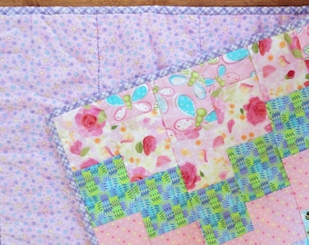 Handmade Pieced Quilt, Bright Colors Pink Purple Aqua Lime Green, Toddler Patchwork Blanket Lovey, Flannel Backing, 39 1/2" x 41 1/2" OOAK