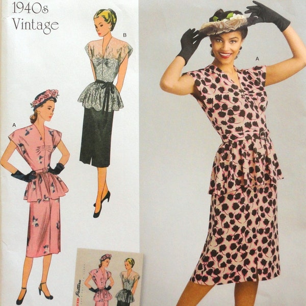 Uncut Simplicity 8463, 2 Piece Dress, Peplum Sleeveless Top, Skirt Belt or Tie, Reissue 1940's Costume Pattern, size 6 to 14 bust 30 to 36