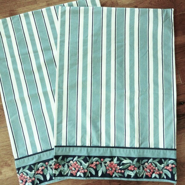 Laura Ashley pillowcases Blueberry pattern, standard size polyester cotton blend blue green, stripe berry print cottage chic vintage bedding