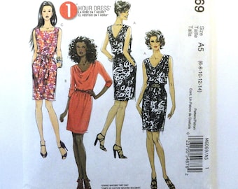 Uncut McCall's 6069 Pullover Dress, Draped Neckline, Sleeve Variations, Straight Skirt, Misses Pattern size 6 8 10 12 14 bust 30 31 32 34 36