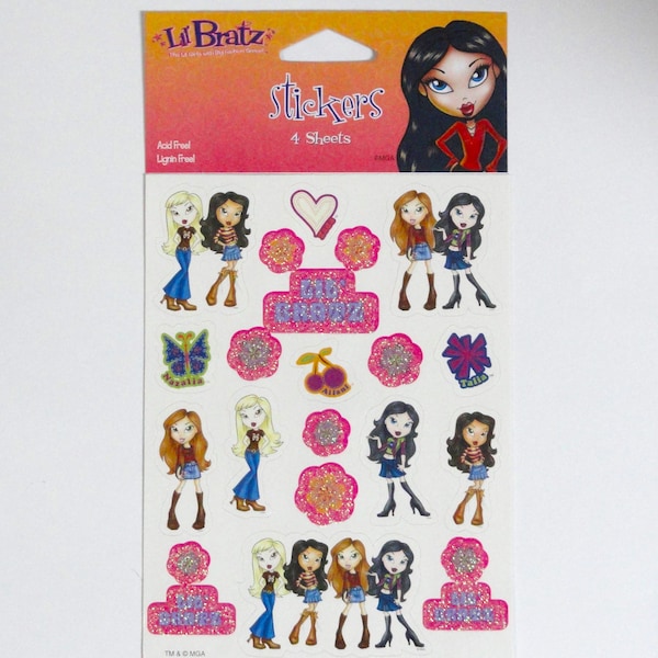 Vintage Lil' Bratz Stickers, 4 Full Sheets, Ailani Zada Talia & Nazalia, Glitter Flowers Creative Expressions MGA, Acid Lignin Free NIP