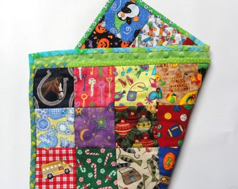 Mini I Spy Quilt, Bright Novelty Fabric, Toddler Lovey Patchwork Minky Back, 49 Different Prints 21" Square Blanket, Handmade Birthday Gift