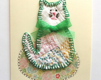 Cat Thank You Note Blank Birthday Greeting, Congratulations Card Vintage Cutter Quilt Hand Stitched, Green Pink Yellow Kitty Get Well Wishes