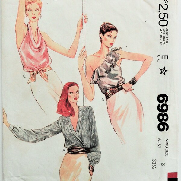 McCall's 6986 3 Styles Blouse, Wrap w/Long Sleeves, Halter w/Cowl Neckline, Sleeveless One Shoulder w/Ruffle, Vintage Pattern size 8 bust 31