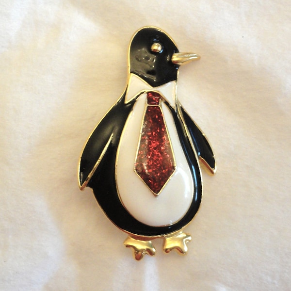 Vintage TC, Tanya Creations, Enamel Penguin Pin Brooch, Black Sparkly Red White and Gold Accessory, Penguin Costume Jewelry