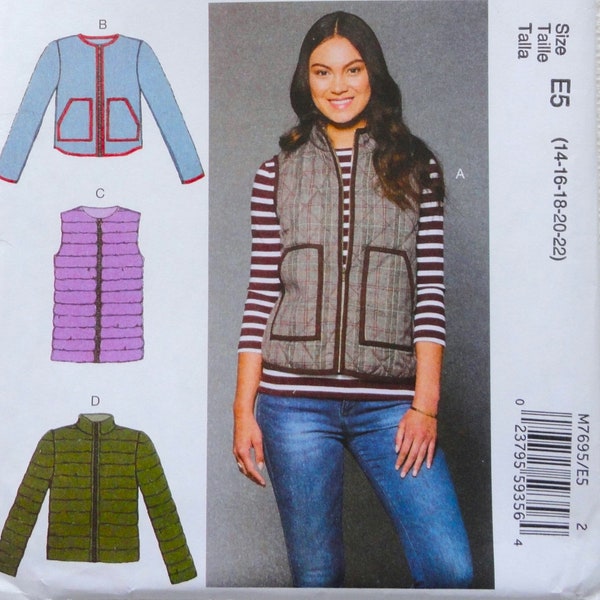 Uncut McCall's 7695, Misses Vests and Jackets, Puffer Style Loose Fitting Lined, Palmer & Pletsch Pattern 14 16 18 20 22 bust 36 38 40 42 44