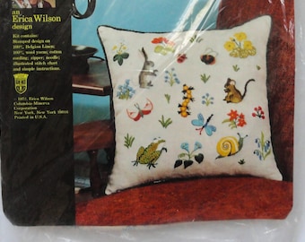 Woodland Scene Pillow, Erica Wilson, Columbia-Minerva Creative Crewel!, # 7052 Vintage Wool Embroidery Kit, Belgian Linen, 14" x 14", NIP