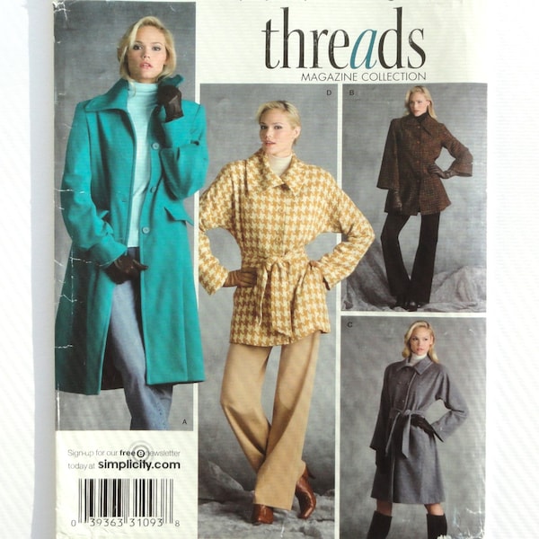 Uncut Simplicity 3562, Lined Coat, Long Short Button Front, Dolman Bell Sleeves, Self Tie Belt, Threads Pattern size 6 to 14 bust 30 to 36