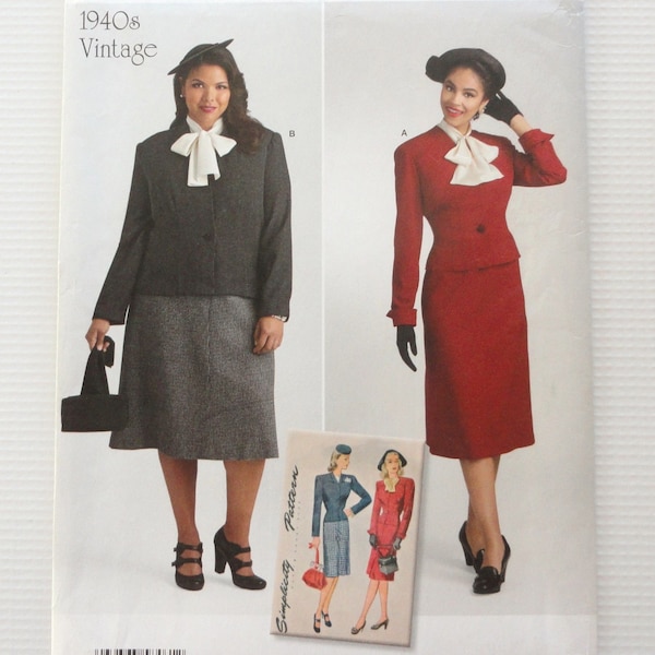 Uncut Simplicity 8461, Misses Suit with Straight Skirt, Button Front Fitted Jacket, 1940's Reproduction Pattern, size 10 to 18 bust 32 to 40