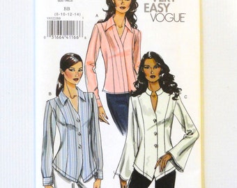 Uncut Vogue 8322, V Neckline Shirt, Princess Seams, Straight or Pointed Front Hem, Long Sleeves Pattern size 8 10 12 14, bust 31 32 34 36