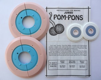 Jumbo Pom Pom Maker, Vintage Susan Bates for 3 1/2" or 4 1/2" Yarn Pom Poms Knitting Crocheting Hat, Plastic Circular Notion 6 Pieces Tool