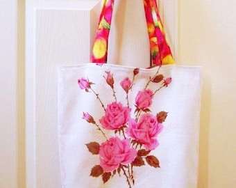 Linen Tote Bag, Pink Roses, 15 x 15, Handmade Upcycled Tea Towel, Book Bag, Reusable Grocery Shopping, Shoe Tote, Shabby Cottage Style, OOAK
