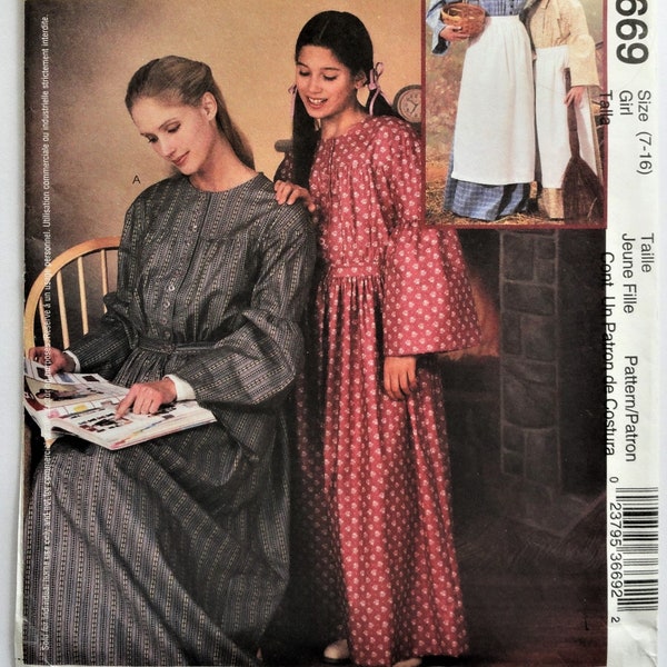 Uncut Simplicity 3669, Girl's Prairie Costume, Dress Apron Bonnet, Reenactment Costume Pattern, Vtg size 7-8  10-12  14-16  bust 27  30  33