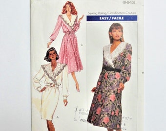Uncut Butterick 6787, Laura Ashley Style Dress, V Neckline, Button Front, Gathered or Slim Skirt, Vintage Pattern, size 6 8 10 bust 30 31 32