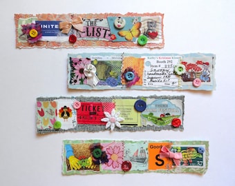 4 Paper Bits Embellishments, Junk Journal Decoration, Handmade Scrapbooking Hang Tag Colorful Card Supply Use as is or Cut Up, 7 inches long