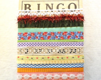 13 Different Embellishment Trims, paper Crafting, Junk Journal Scrapbooking, 156" Assortment, Rick Rack Braid, Ribbon Lace on a Bingo Card