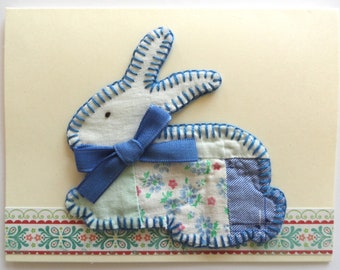 Bunny Birthday Note, Vintage Cutter Quilt, Handmade Greeting, Blue Rabbit, Baby Shower Card, Rabbit Lover Stationery, OOAK