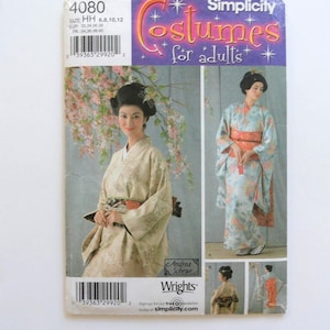May include: Simplicity costume pattern featuring a woman in a traditional Japanese kimono. The pattern includes sizes 6, 8, 10, and 12. The cover has the text "Costumes for adults" and the brand name "Simplicity".