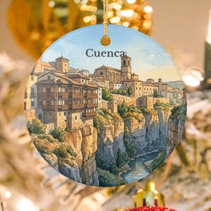 Cuenca Watercolor Ceramic Ornament Spain Travel Souvenir Gift Hanging Houses