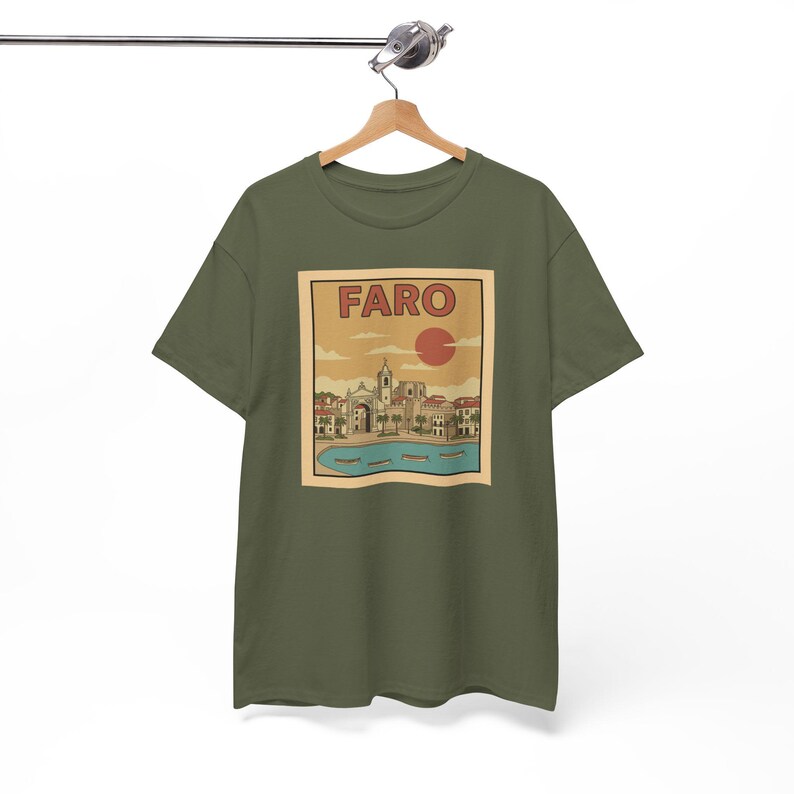 A stylish mid-century travel art shirt perfect for fans of retro Portuguese city and Algarve architecture illustrations.
