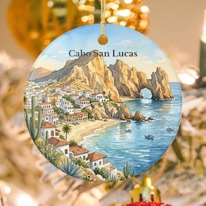 Ornamento de cerâmica em aquarela de Mazatlán, lembrança de viagem ao México, farol e catedral.