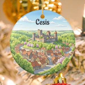 May include: Round ceramic ornament featuring a watercolor illustration of Cesis, Latvia. The image depicts a castle atop a hill overlooking a town with red-roofed buildings, under a blue sky with clouds. The word "Cesis" is written across the top.