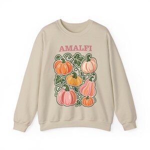 Peut inclure: Un sweat-shirt à col rond beige avec une impression graphique représentant diverses citrouilles dans des tons orange, rose et crème, agrémentées de vignes et de feuilles vertes. Le mot AMALFI est imprimé en lettres capitales roses au-dessus.