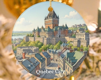 May include: Round ceramic Christmas ornament featuring a watercolor illustration of Québec City. The ornament depicts the city's architecture, including a large castle, with the text "Québec City" at the bottom. The ornament is hanging from a gold string.