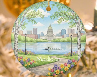 Madison WI Ceramic Ornament | State Capitol & Spring Blooms Souvenir